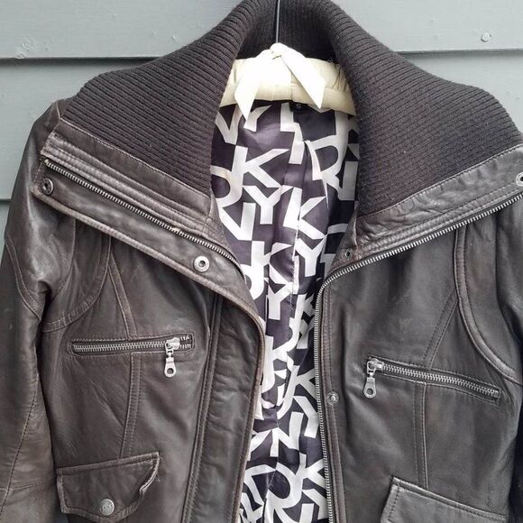 DKNY Brown Leather Bomber Jacket size Small - Picture 2 of 11